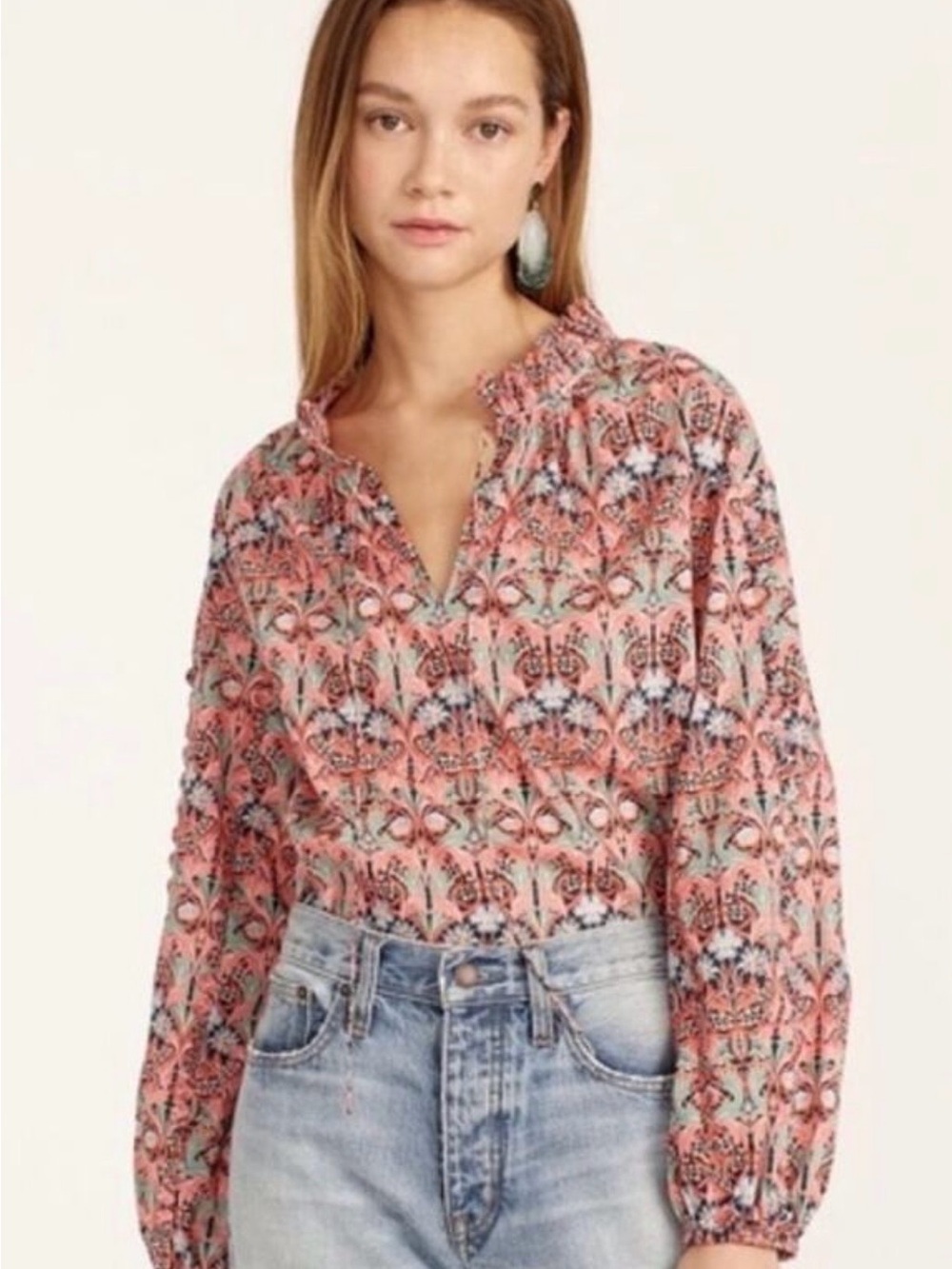 J. Crew Coral Pink Floral Printed Peasant Blouse